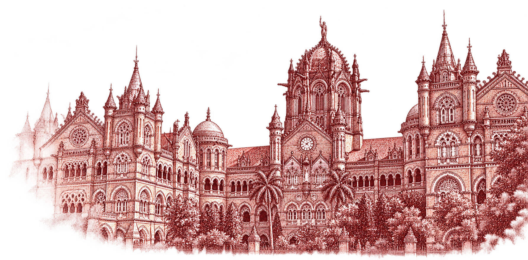 Ink illustration of Chhatrapati Shivaji Maharaj Terminus in Mumbai